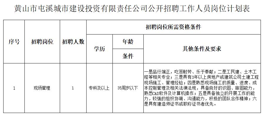 黃山市屯溪城市建設投資有限責任公司招聘信息